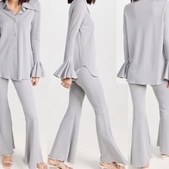 Sleeper Venera Lurex Lounge Suit Set Top and Pants Silver Flared Cuffs NWT $350 - Picture 3 of 11